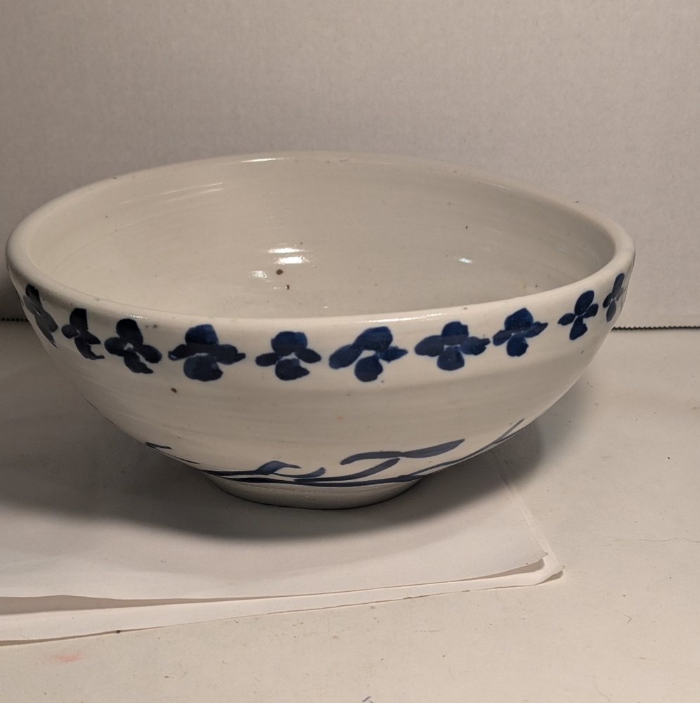 Folk Art Stoneware Pottery Bowl.  Blue Colour Leaf Or Flower And Branch Design.